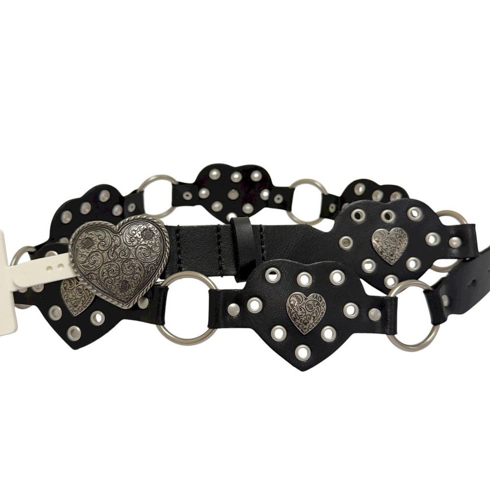 🌺 Lucky Brand Women's Size Large Heart Studded Genuine Leather Black Belt NWT